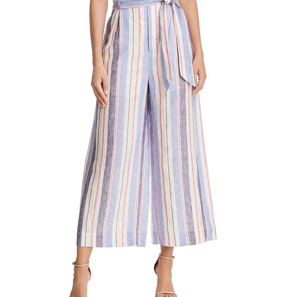Parker Striped 100% Linen Pants 6 Blue Pink High Rise Wide Leg Cropped Paperbag